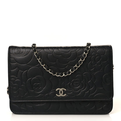 Chanel Lambskin Camellia Embossed Wallet on Chain WOC Black 1 of 10