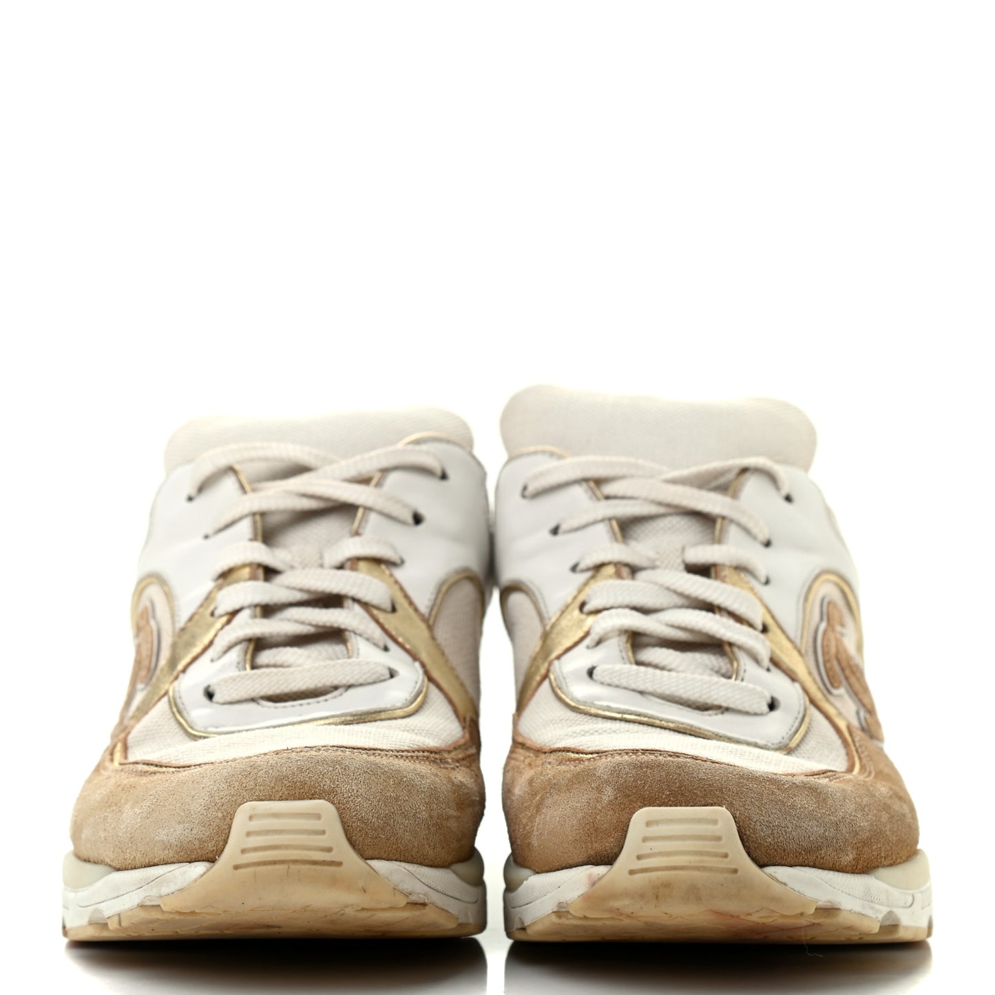 Nylon Lambskin Suede Calfskin CC Sneakers 37.5 Brown White Gold