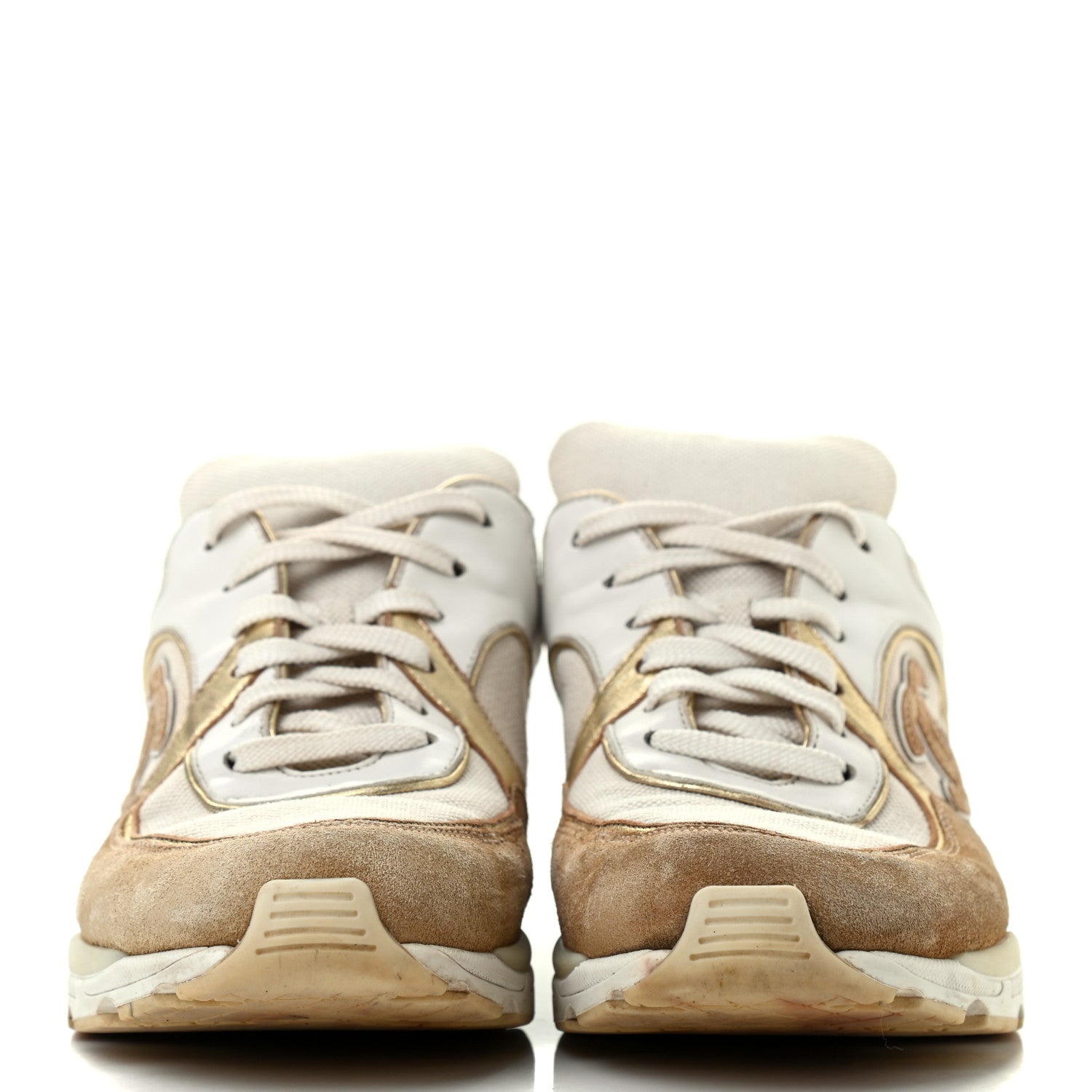 Chanel Nylon Lambskin Suede Calfskin CC Sneakers 37.5 Brown White Gold 2 of 11
