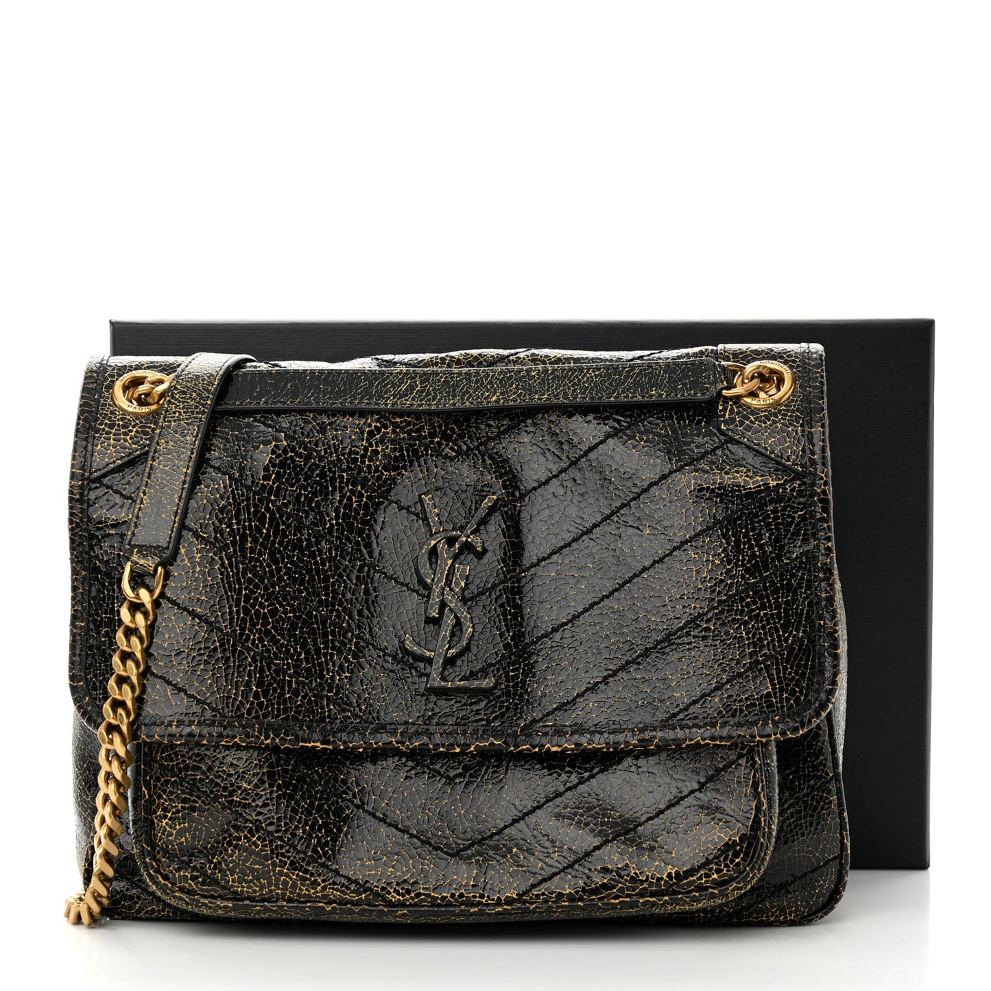 Crinkled Calfskin Matelasse Monogram Medium Niki Chain Satchel Black Ocra