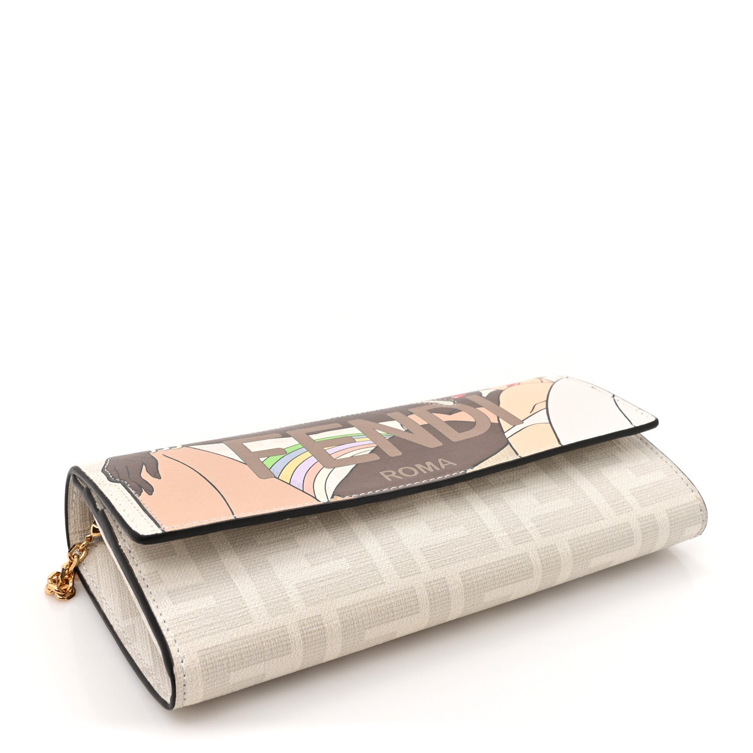 Fendi Glazed Fabric Vitello Liberty FF Logo Bikini Girls Inlay Continental Wallet On Chain Bianco Perla Multicolor 4 of 15