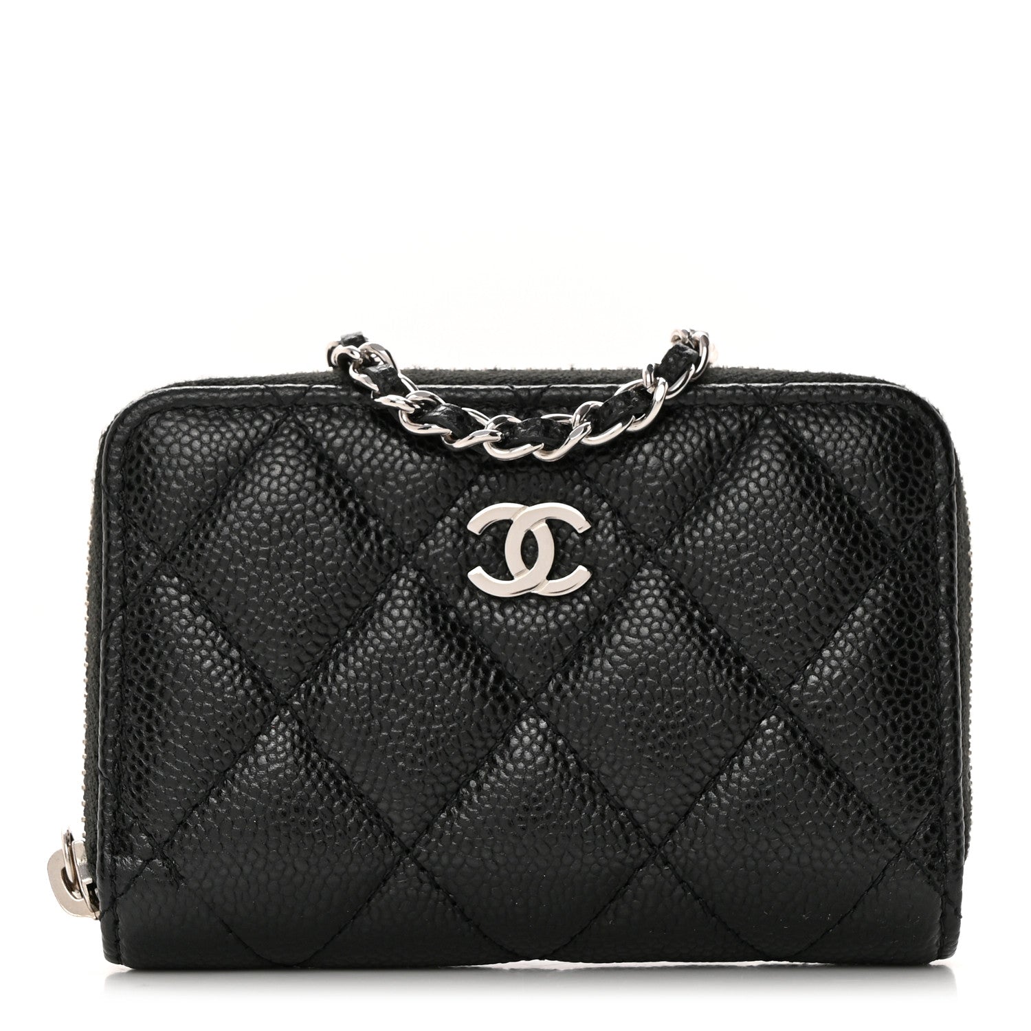 Chanel Caviar Quilted Zip Around Coin Purse Wallet On Chain Black 1 of 11