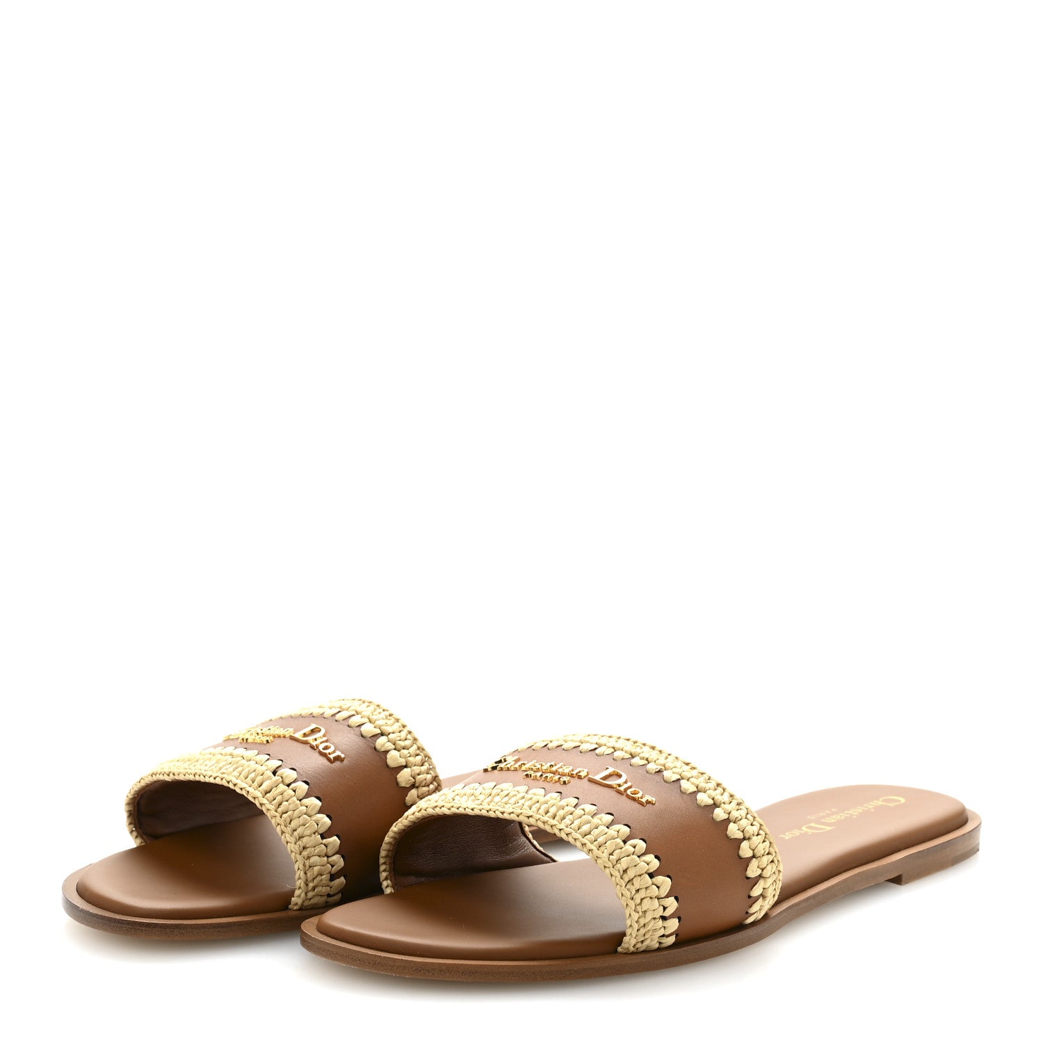 Christian Dior Calfskin Raffia Dioriviera D-Lane Flat Slide Sandals 38 Camel 4 of 9