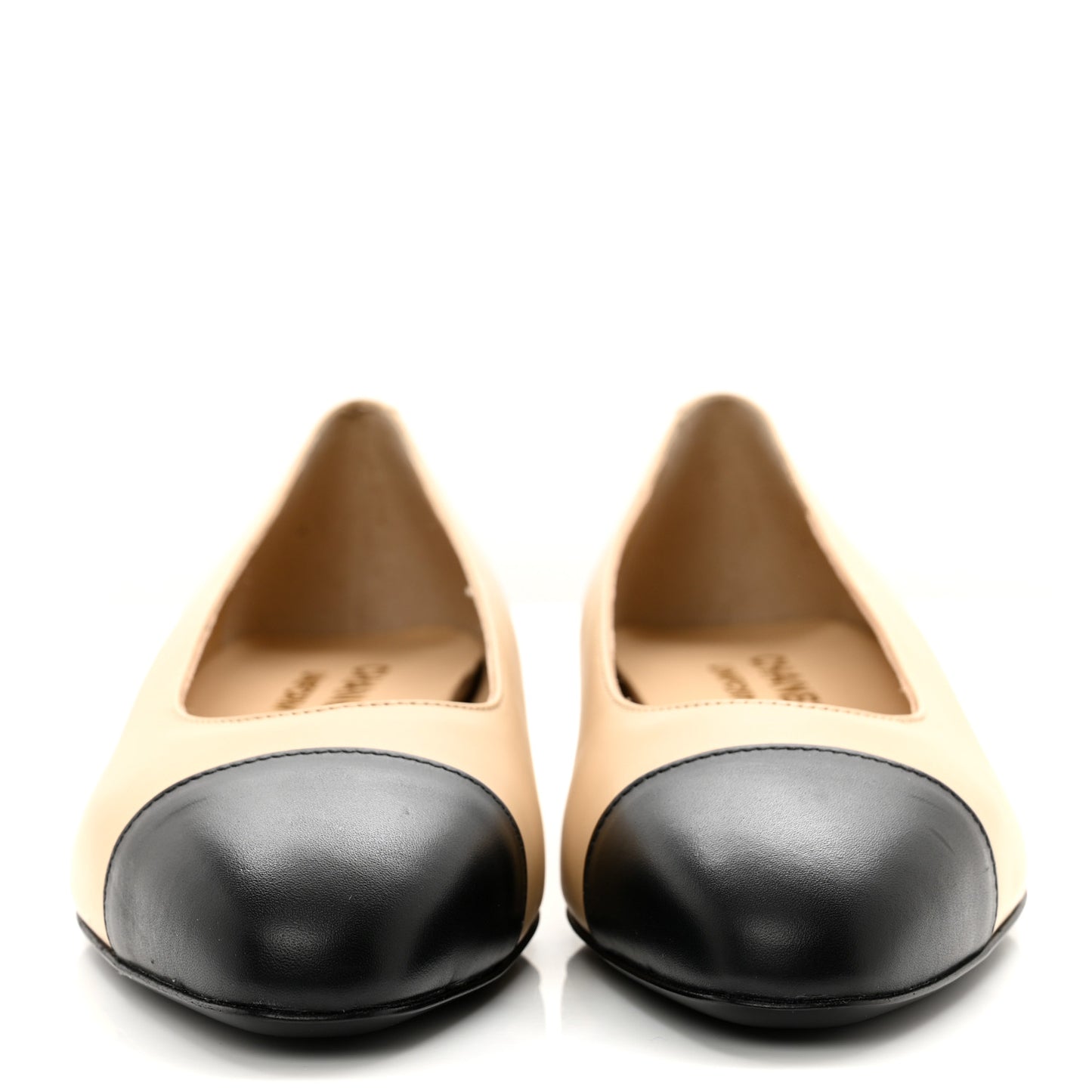 Lambskin Cap Toe CC Uniform Ballerina Flats 36 Beige Black