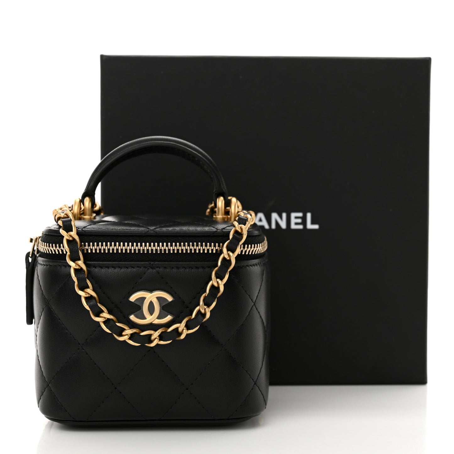 Lambskin Quilted Top Handle Mini Vanity Case With Chain Black