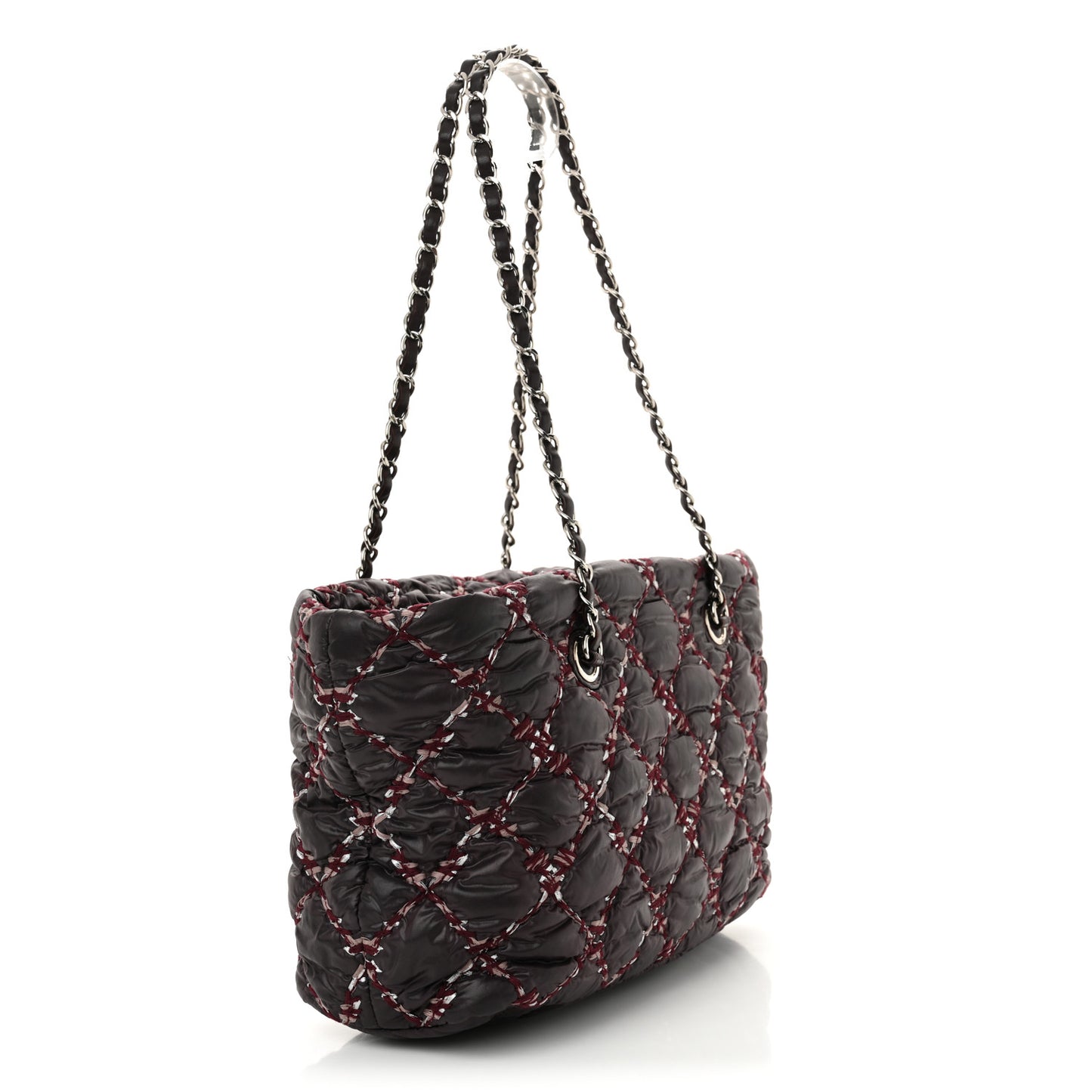Nylon Quilted Tweed Stitch Bubble Tote Plum