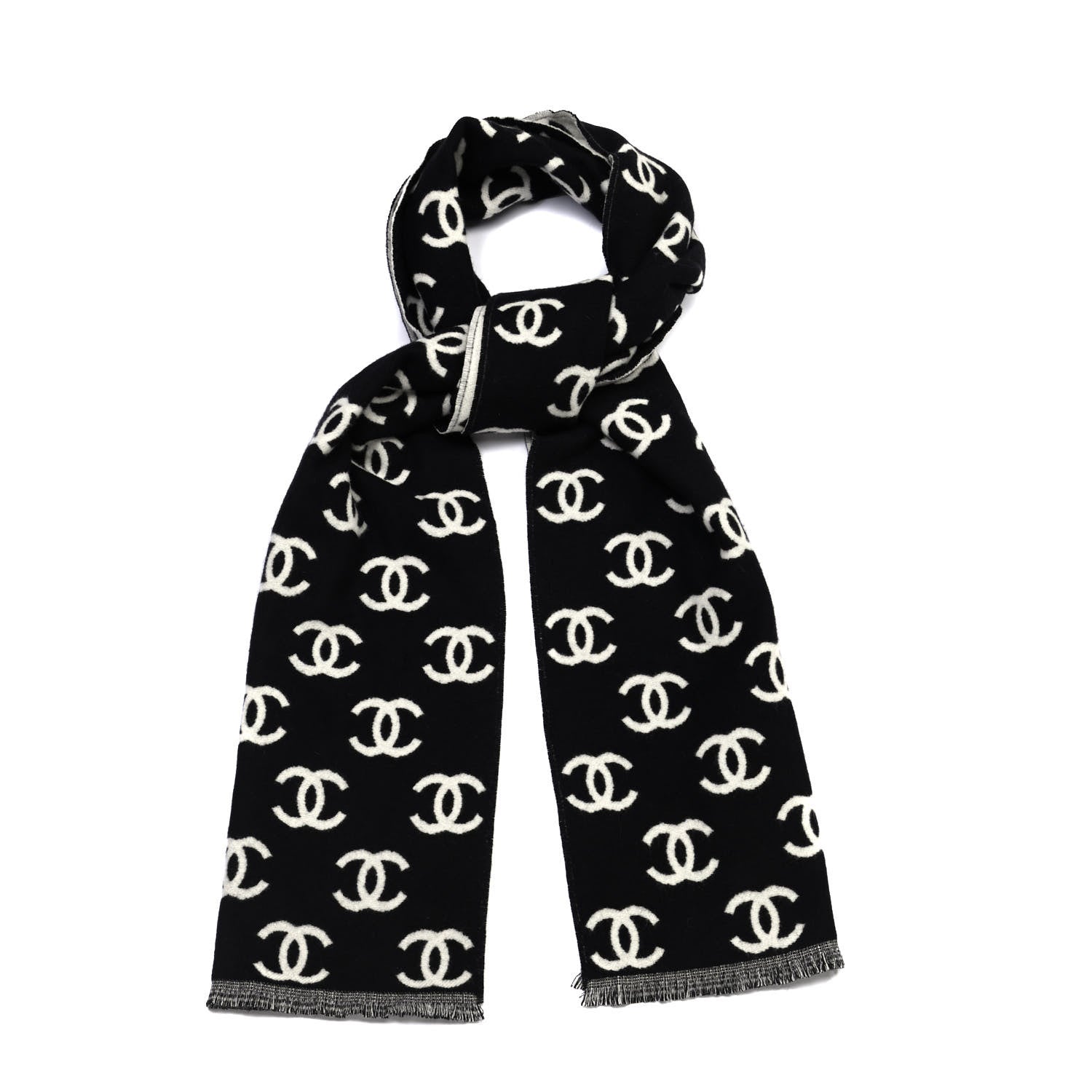 Chanel Wool Cashmere CC Scarf Black White 1 of 4