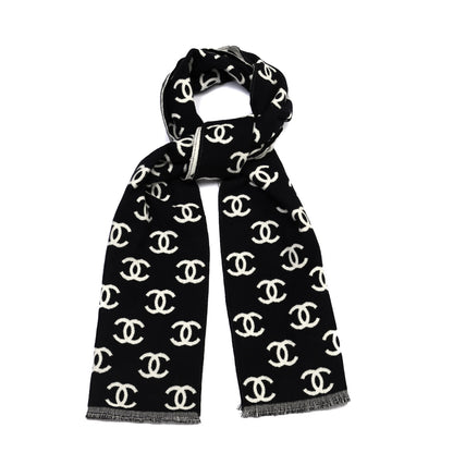 Chanel Wool Cashmere CC Scarf Black White 1 of 4