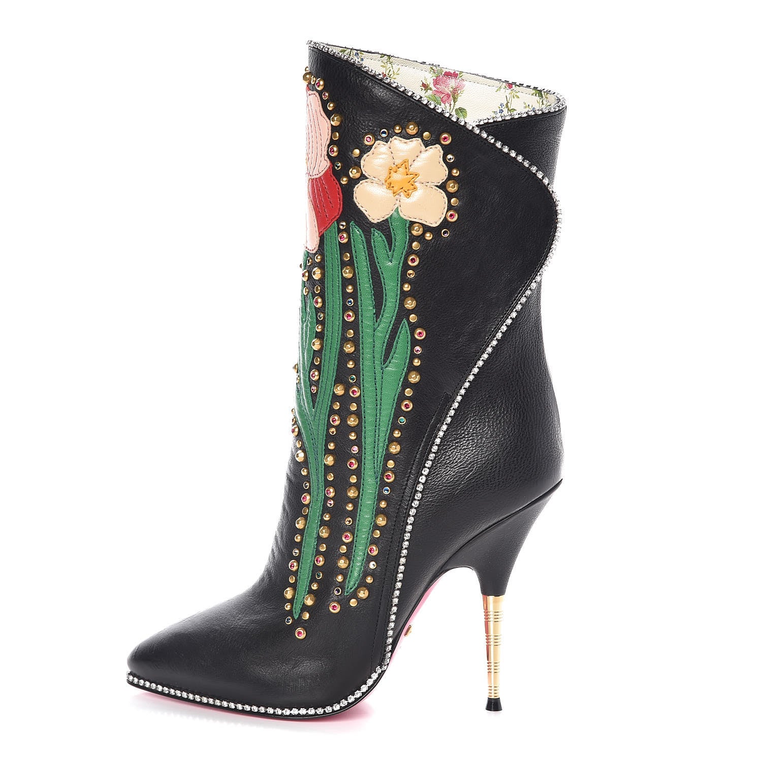 Gucci Calfskin Floral Crystal Embroidered Fosca Boots 35 Black 1 of 9