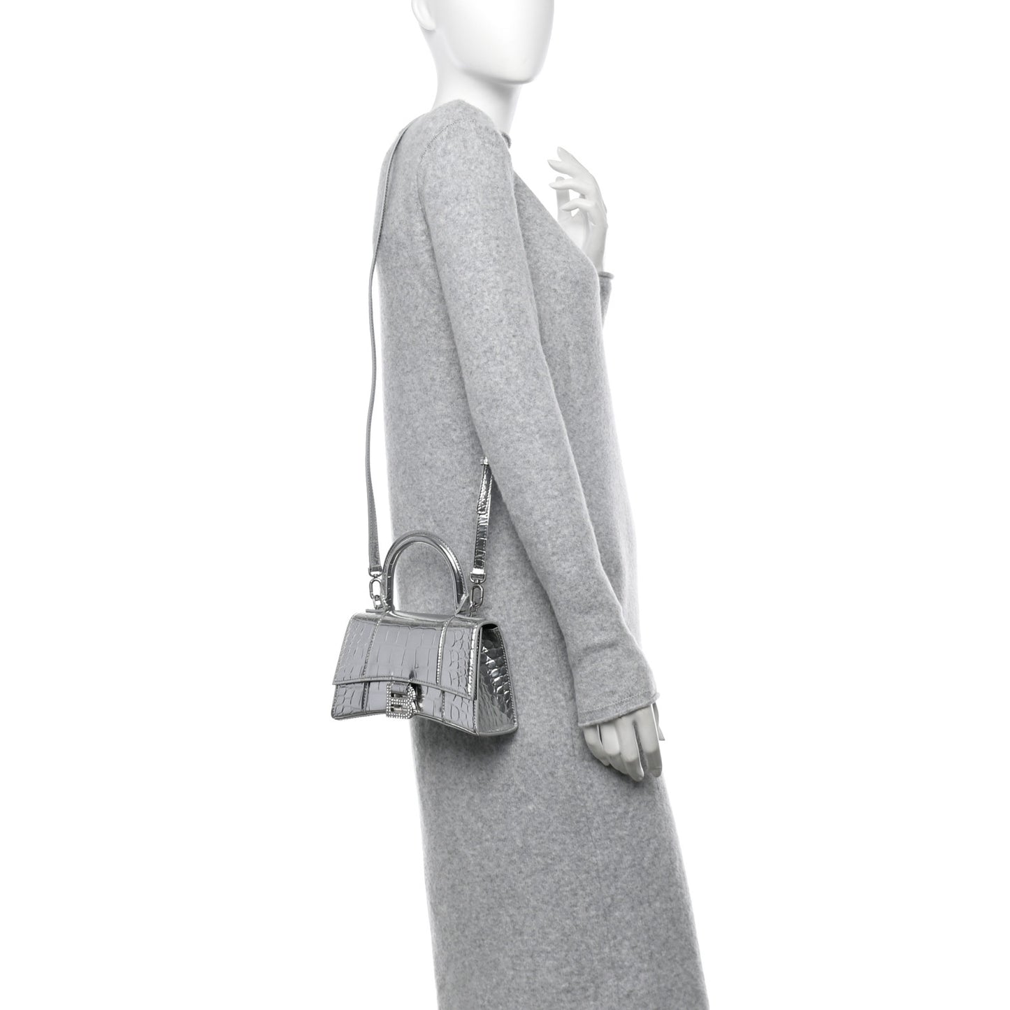 Metallic Calfskin Crocodile Embossed Crystal Hourglass Top Handle Bag XS Silver