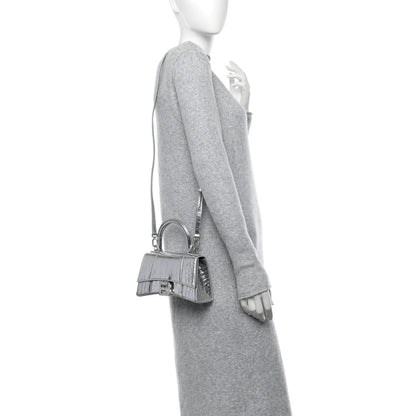Balenciaga Metallic Calfskin Crocodile Embossed Crystal Hourglass Top Handle Bag XS Silver 2 of 12