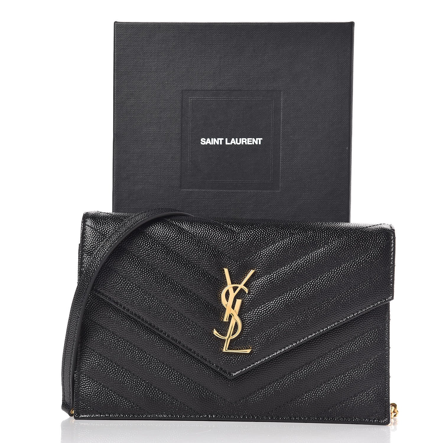 Saint Laurent Grain De Poudre Matelasse Chevron Monogram Envelope Chain Wallet Black 11 of 11