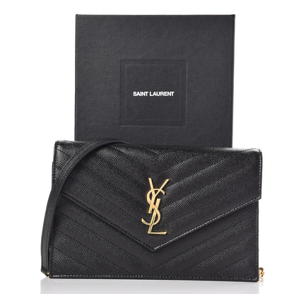 Saint Laurent Grain De Poudre Matelasse Chevron Monogram Envelope Chain Wallet Black 11 of 11