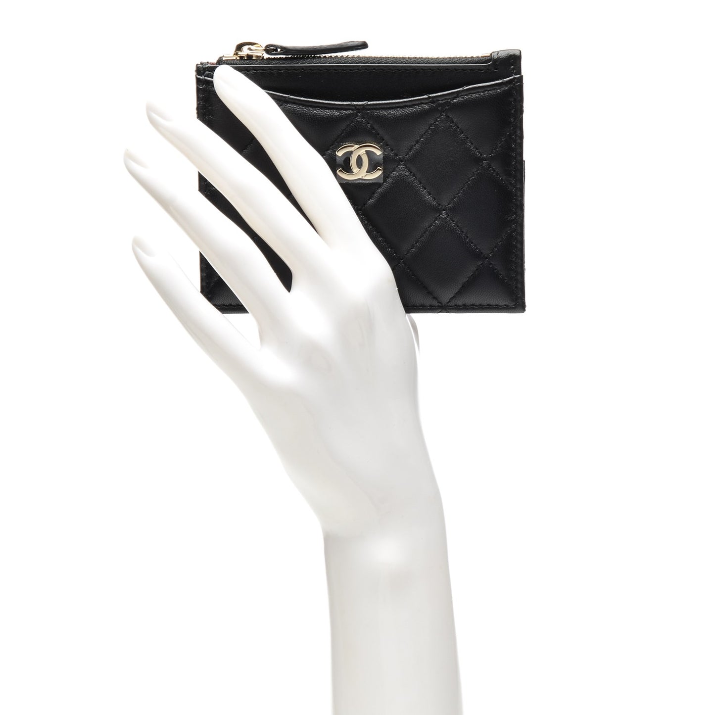 Lambskin Quilted Zip Card Holder Black