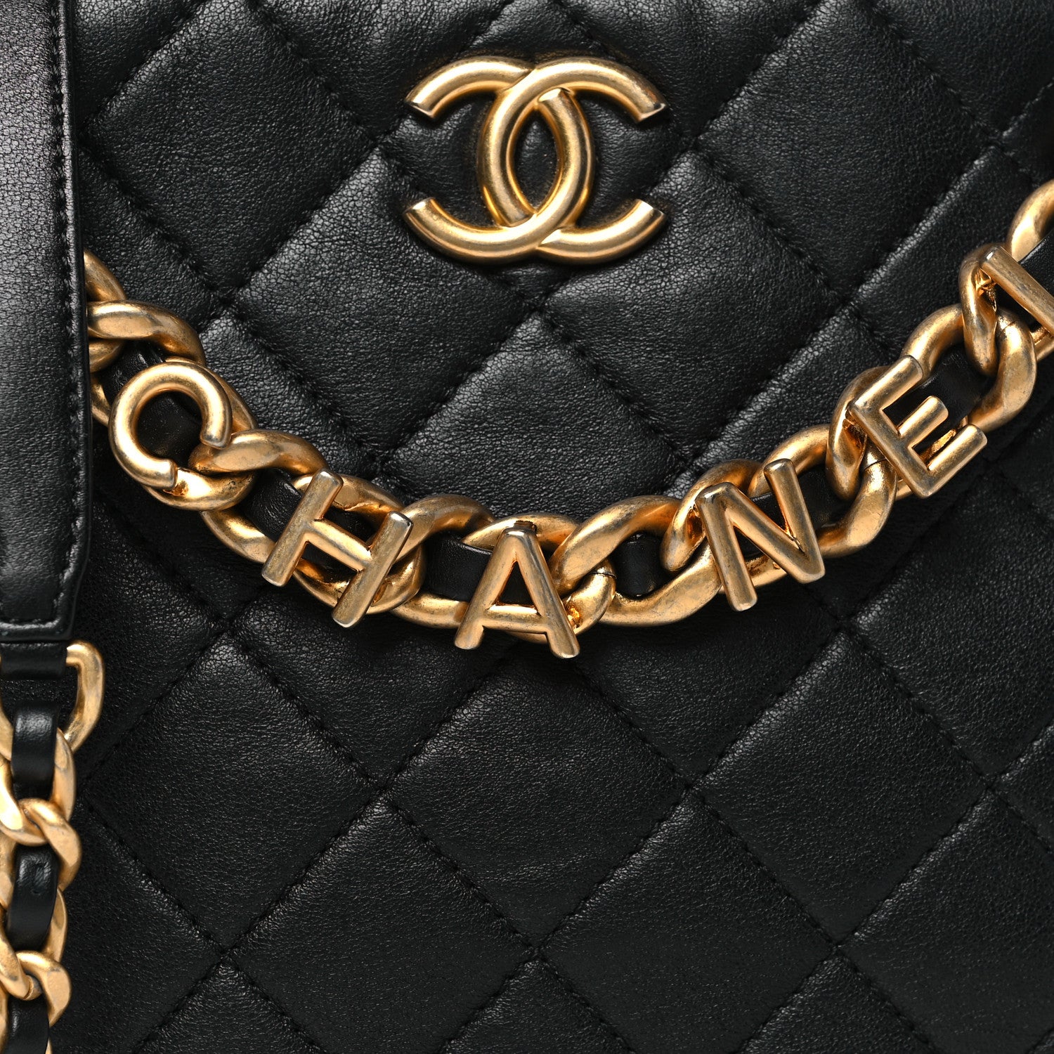 Chanel Lambskin Quilted Chaine Lettre Small Bucket Bag Black 8 of 10