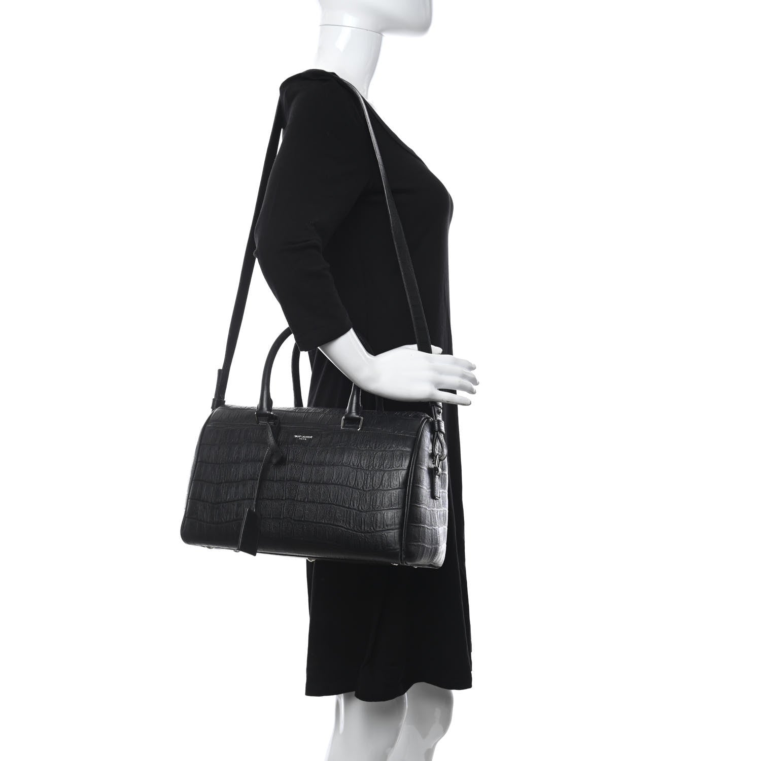 Saint Laurent Calfskin Crocodile Embossed Classic Duffle Bag Black 3 of 11