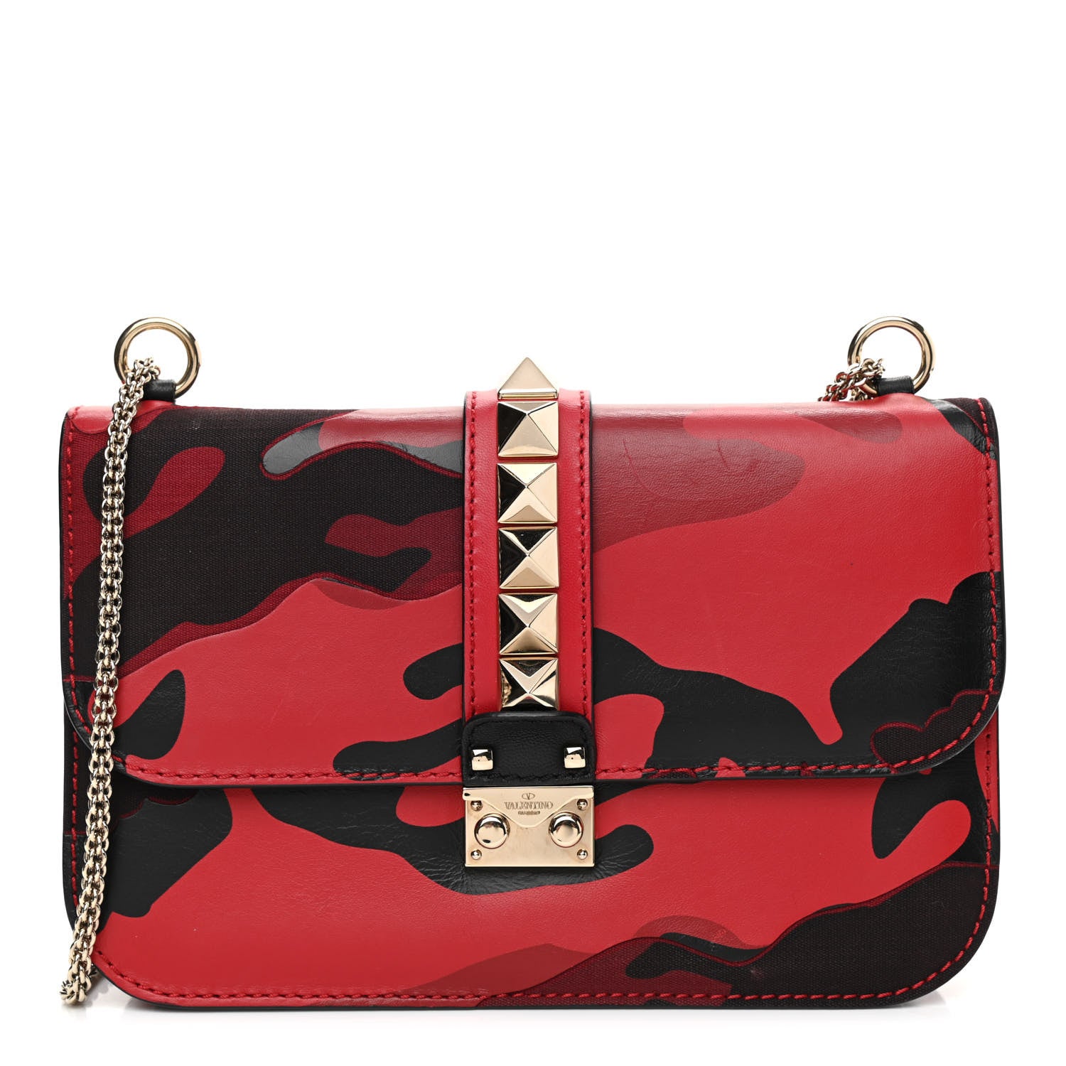 Valentino Garavani Nappa Canvas Camouflage Medium Glam Lock Rockstud Flap Red 1 of 9
