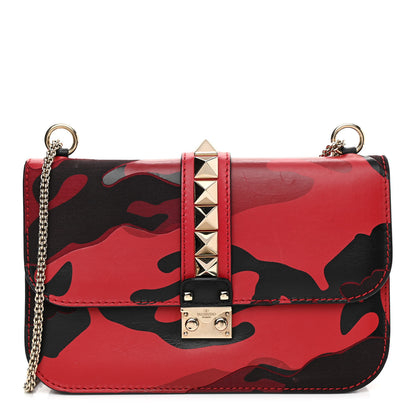 Valentino Garavani Nappa Canvas Camouflage Medium Glam Lock Rockstud Flap Red 1 of 9