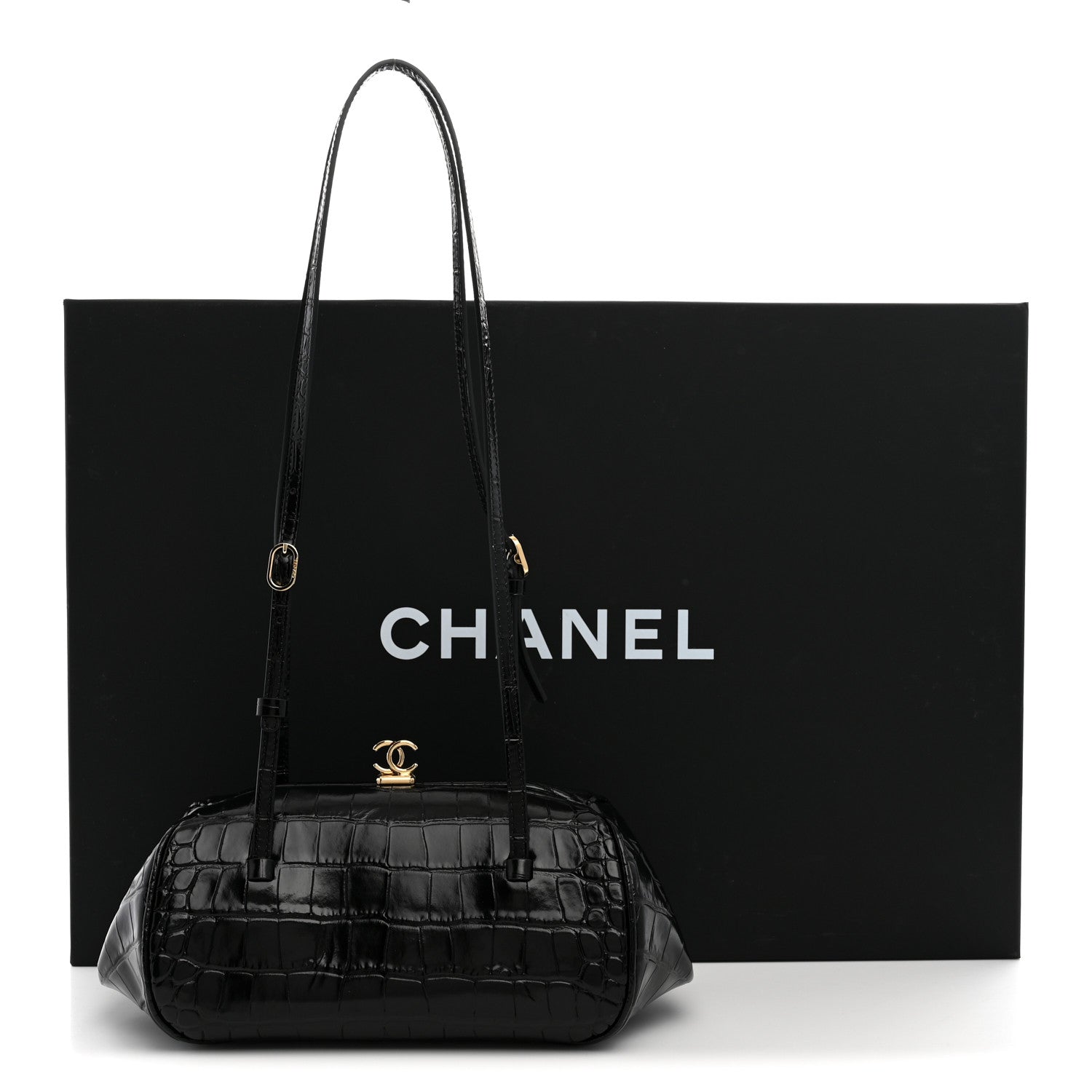 Chanel Calfskin Crocodile Embossed Pretty CC Clutch With Strap Black 11 of 11