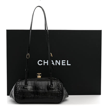 Chanel Calfskin Crocodile Embossed Pretty CC Clutch With Strap Black 11 of 11