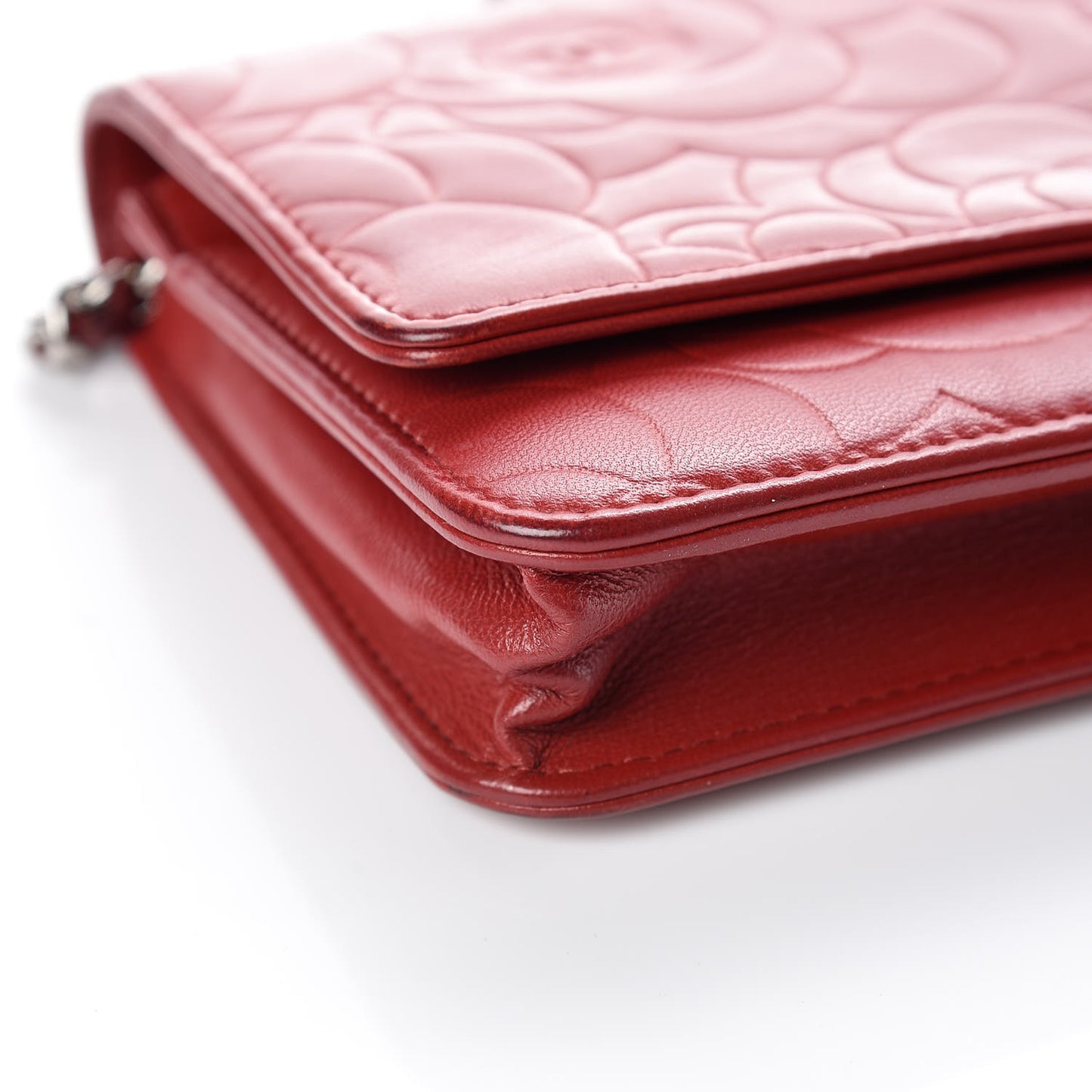 Lambskin Camellia Embossed Wallet On Chain WOC Red