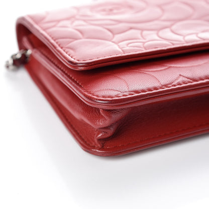 Chanel Lambskin Camellia Embossed Wallet On Chain WOC Red 5 of 19