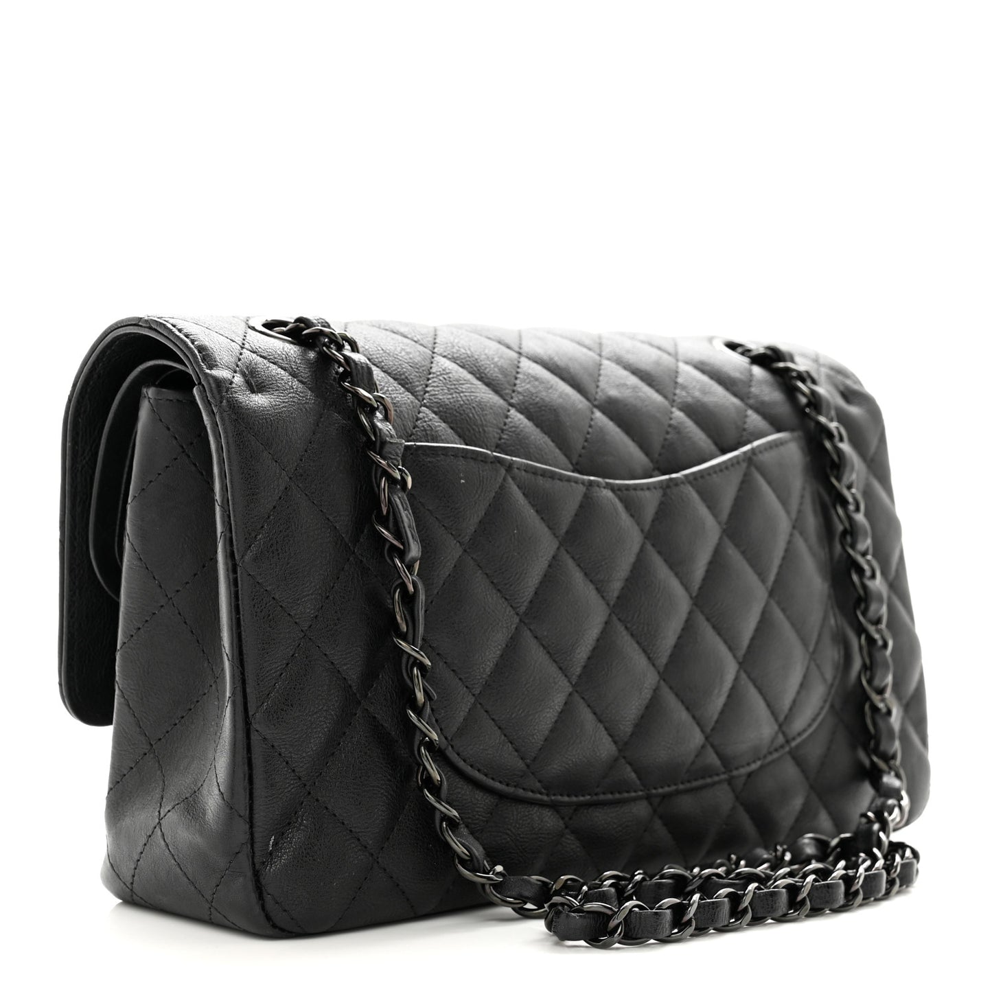 Crumpled Calfskin Quilted Medium Double Flap So Black
