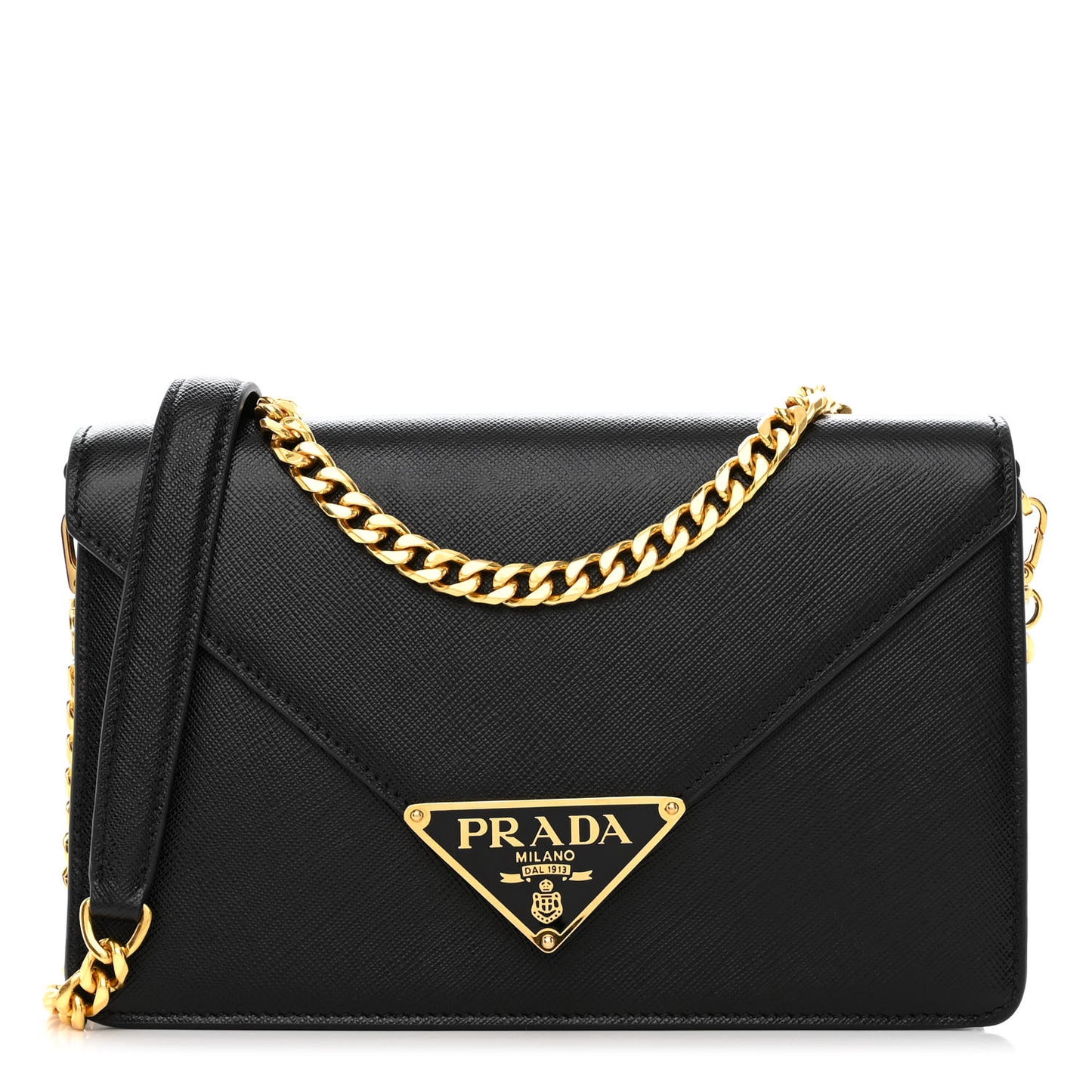 Saffiano Lux Metal Triangle Logo Mini Envelope Chain Shoulder Bag Black