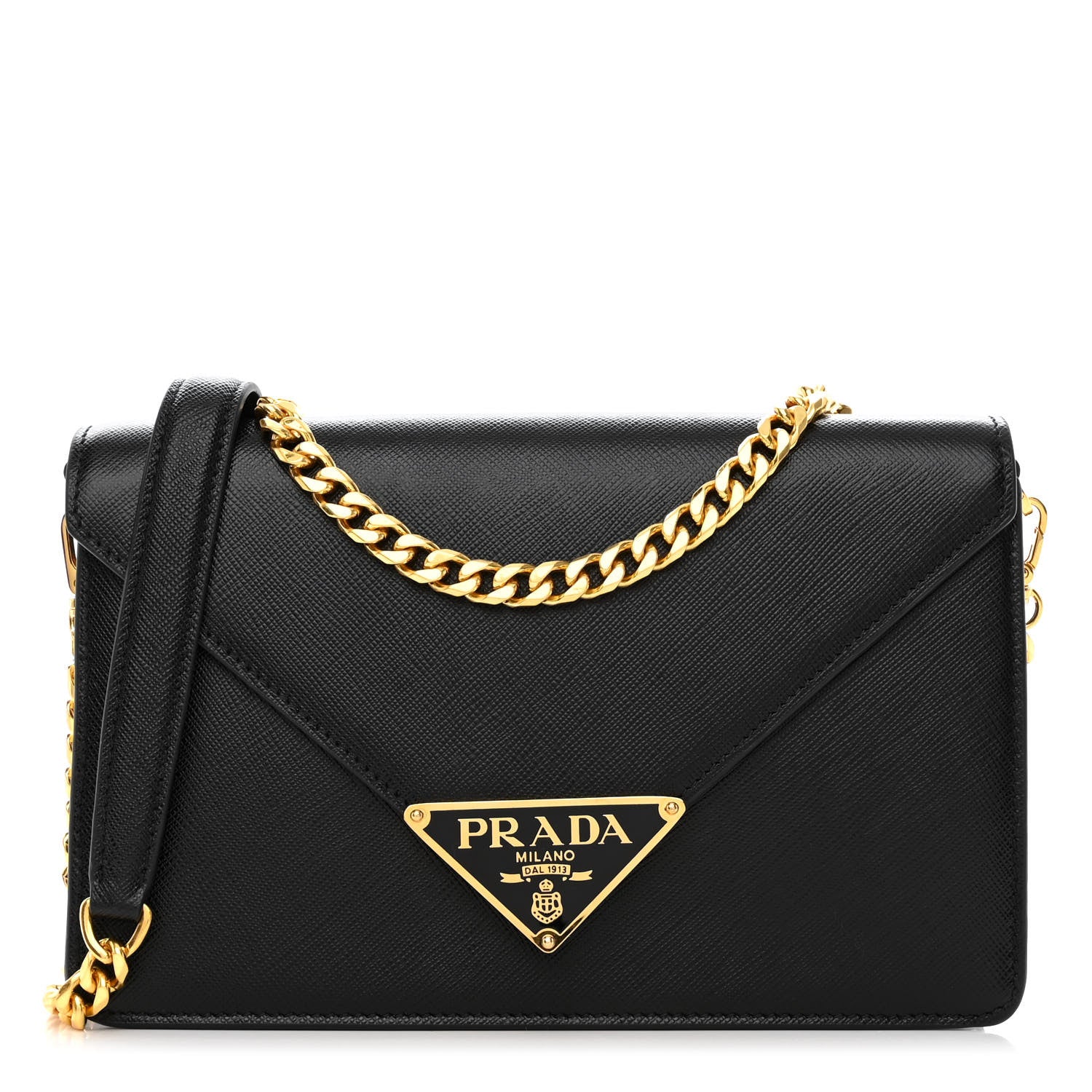 Prada Saffiano Lux Metal Triangle Logo Mini Envelope Chain Shoulder Bag Black 1 of 9