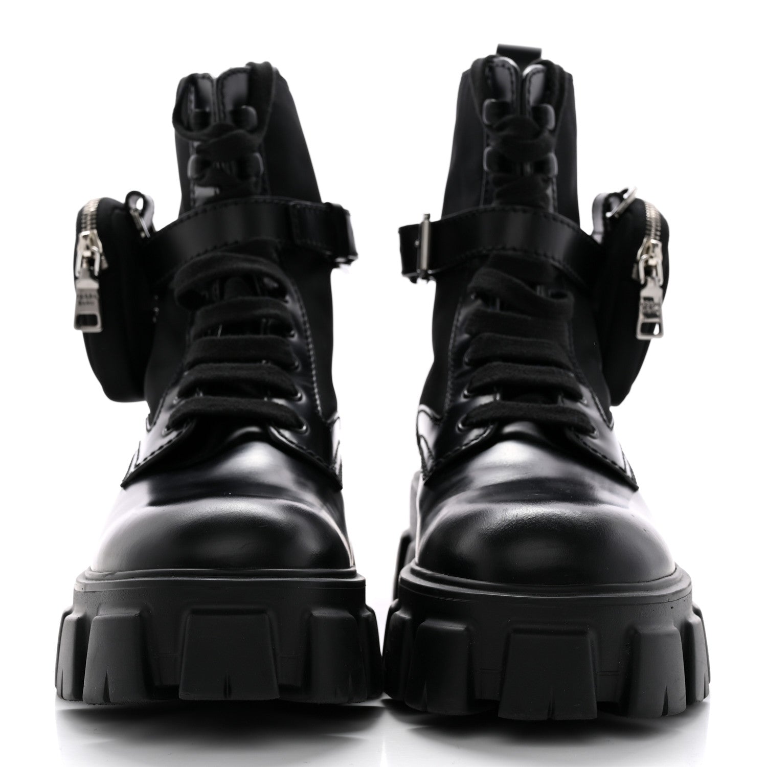 Prada Spazzolato Rois Re-Nylon Metal Triangle Logo Mens Monolith Pouch Pocket 60mm Combat Boots 7 Black 2 of 15