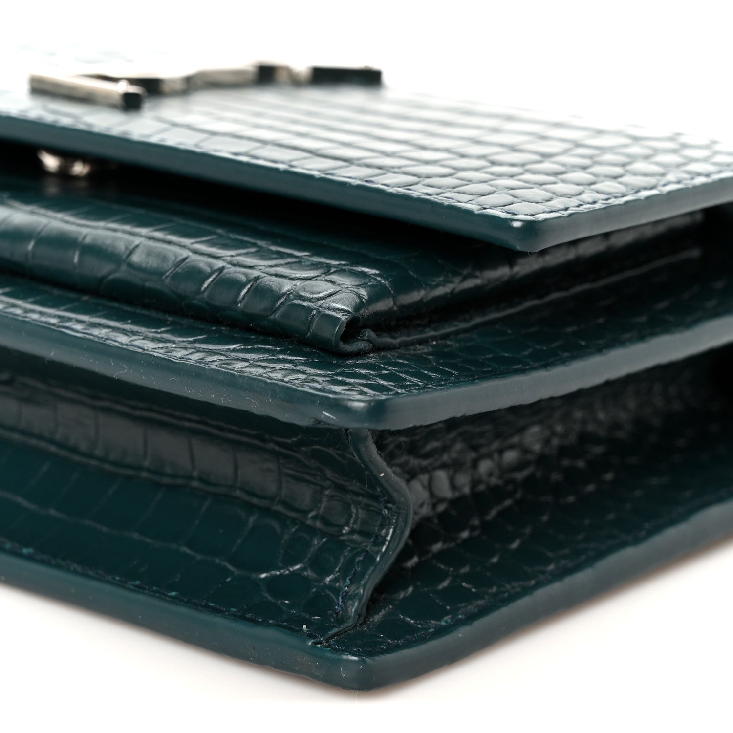 Saint Laurent Calfskin Crocodile Embossed Monogram Sunset Chain Wallet Dark Turquoise 10 of 10