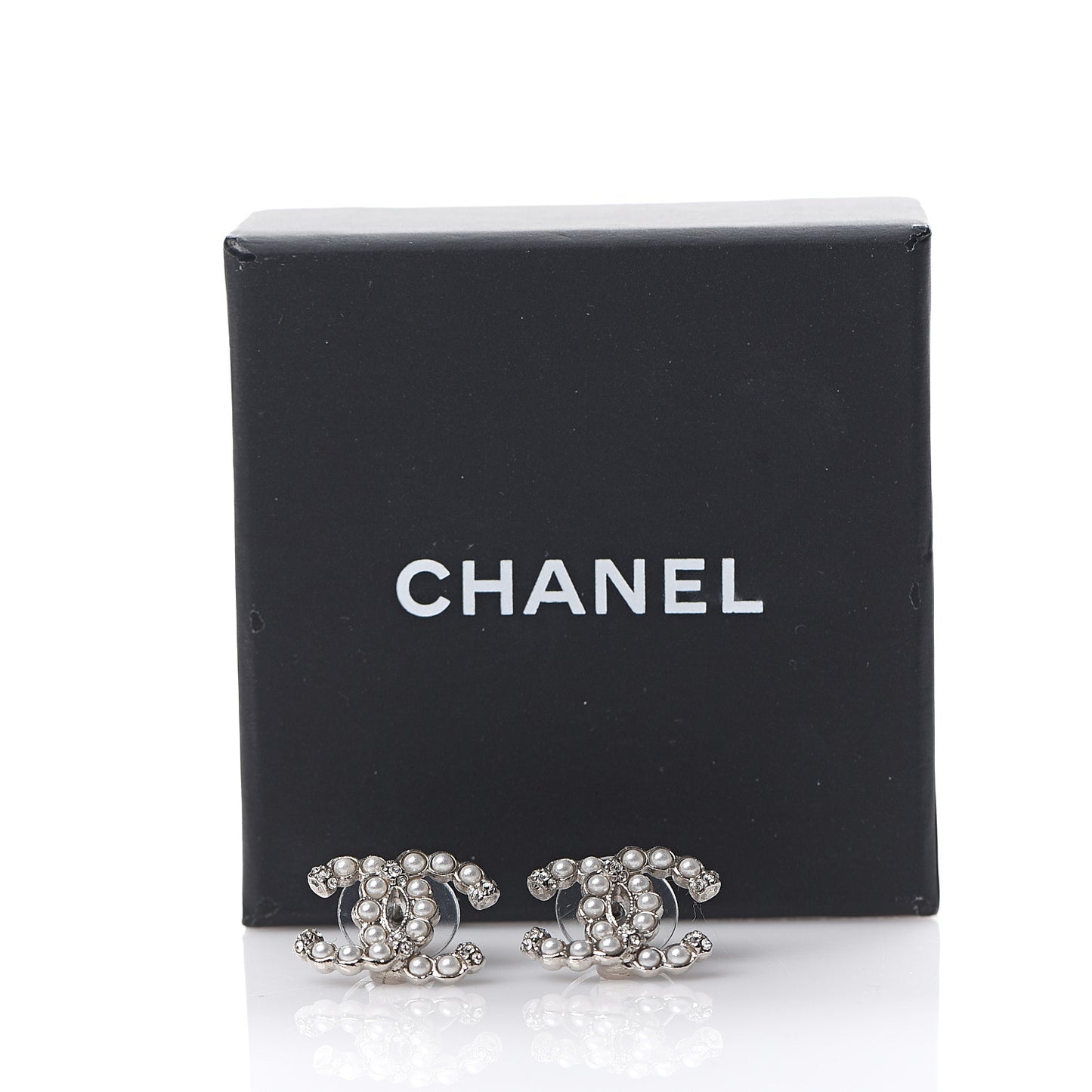 Pearl Crystal CC Regalia Small Button Earrings Silver