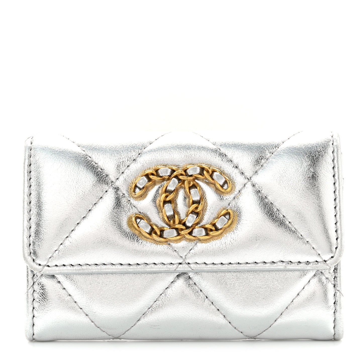 Metallic Goatskin Quilted Chanel 19 Flap Card Holder Silver