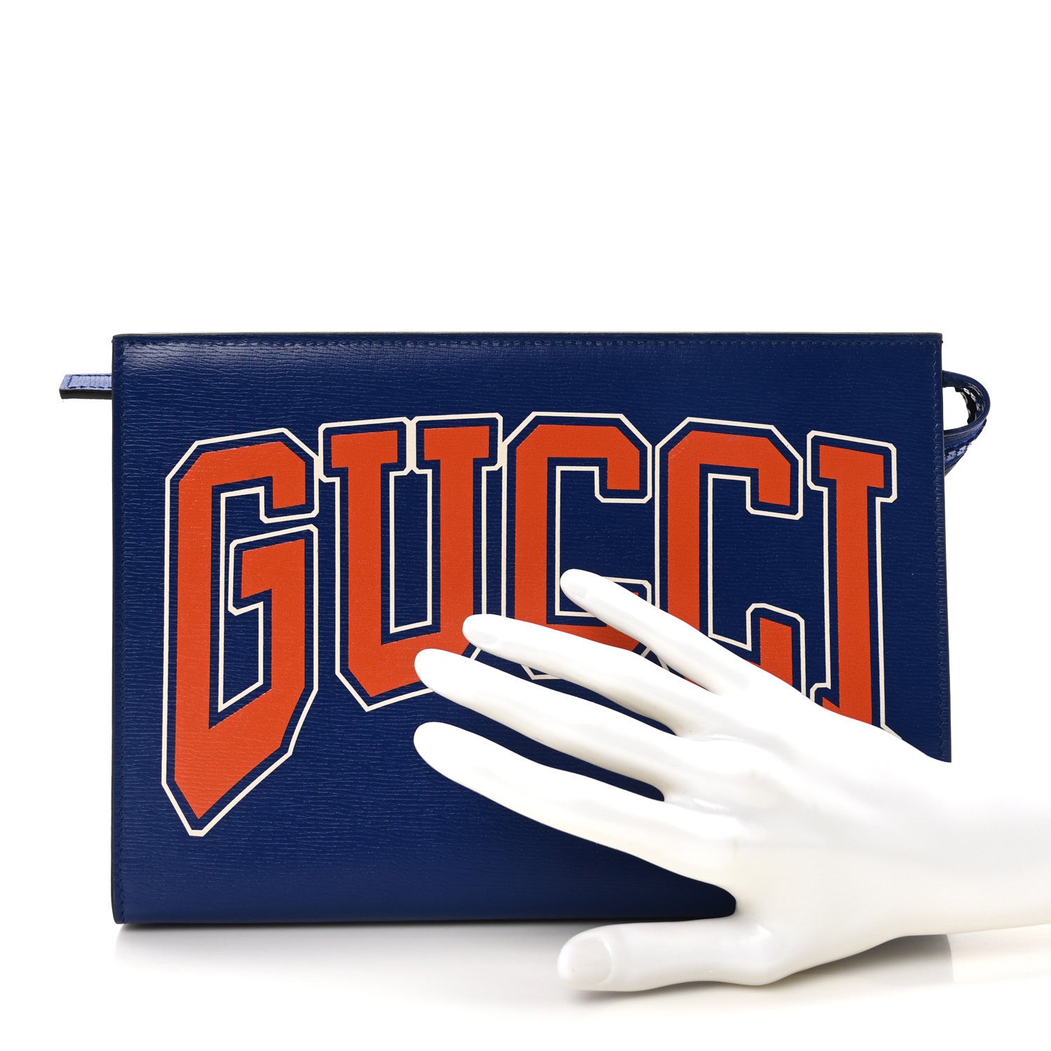 Gucci New Shanghai Calfskin Interlocking G Logo Wristlet Pouch Cobalt Blue Orange 2 of 10