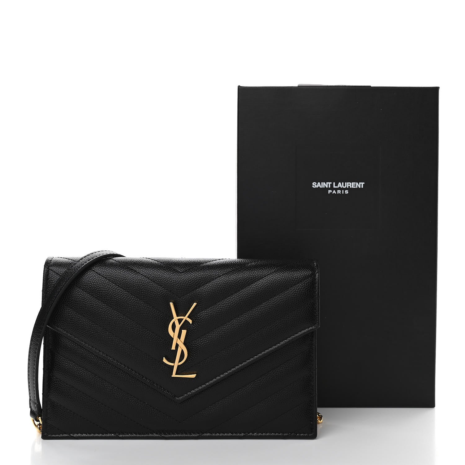 Saint Laurent Grain De Poudre Matelasse Chevron Monogram Envelope Chain Wallet Black 12 of 12