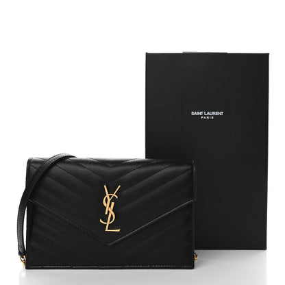 Saint Laurent Grain De Poudre Matelasse Chevron Monogram Envelope Chain Wallet Black 12 of 12