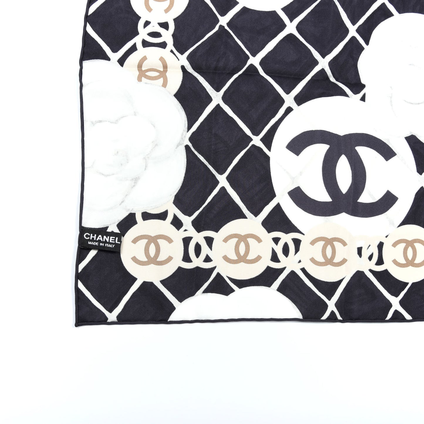 Silk CC Logo Camellia Scarf White Black