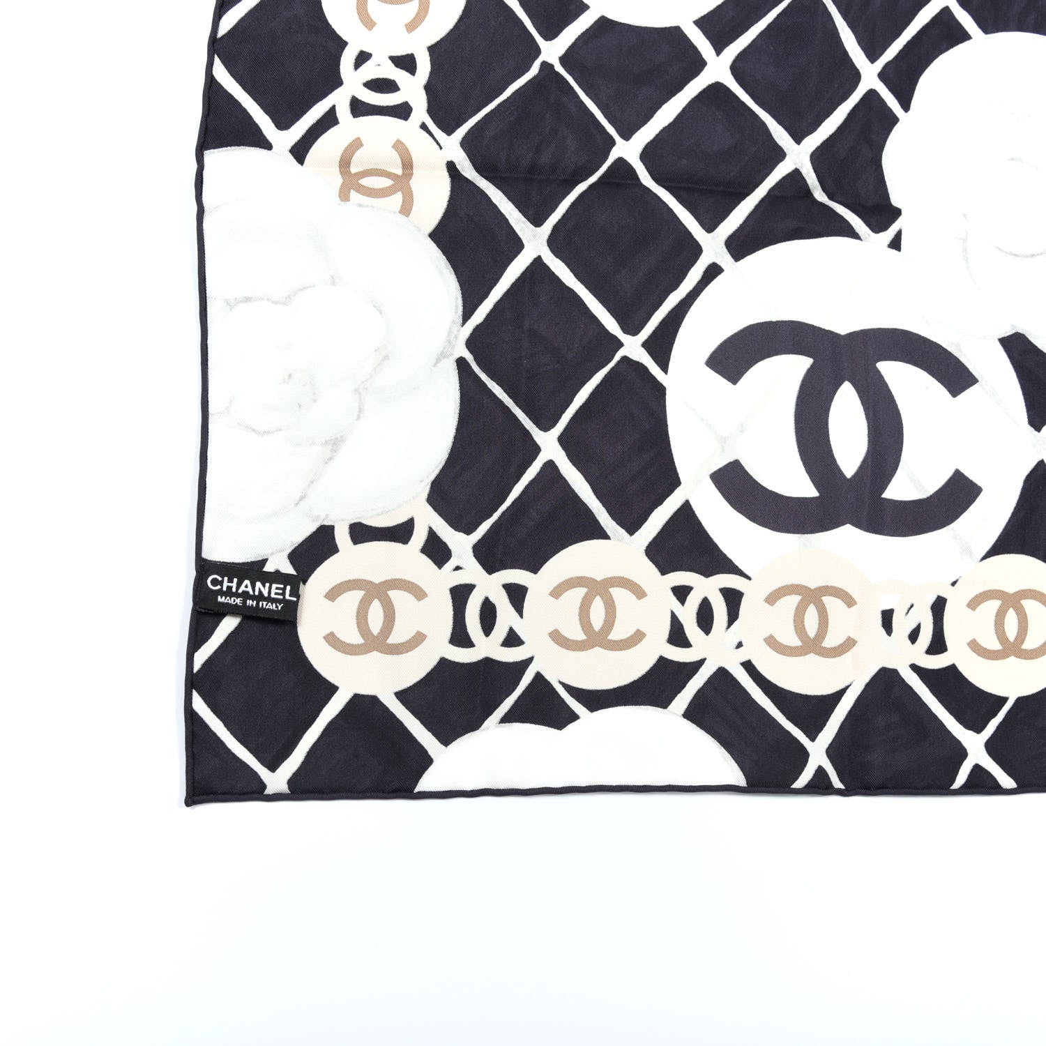 Chanel Silk CC Logo Camellia Scarf White Black 2 of 4