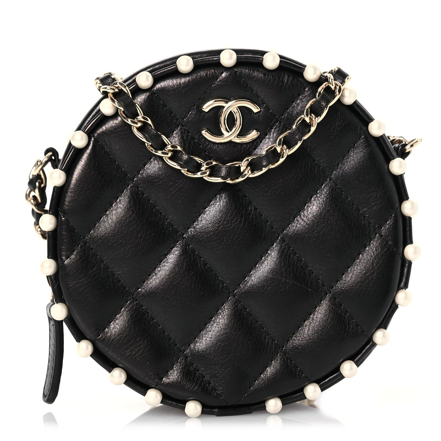 Calfskin Quilted Pearl Round Clutch With Chain Black