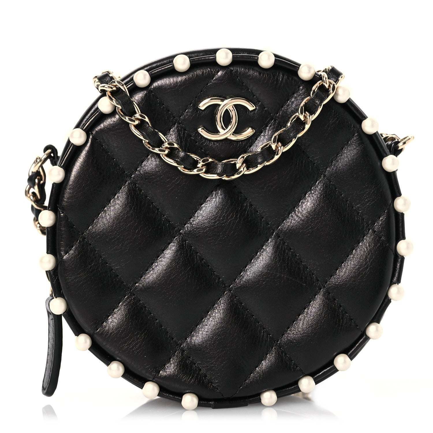 Chanel Calfskin Quilted Pearl Round Clutch With Chain Black 1 of 10