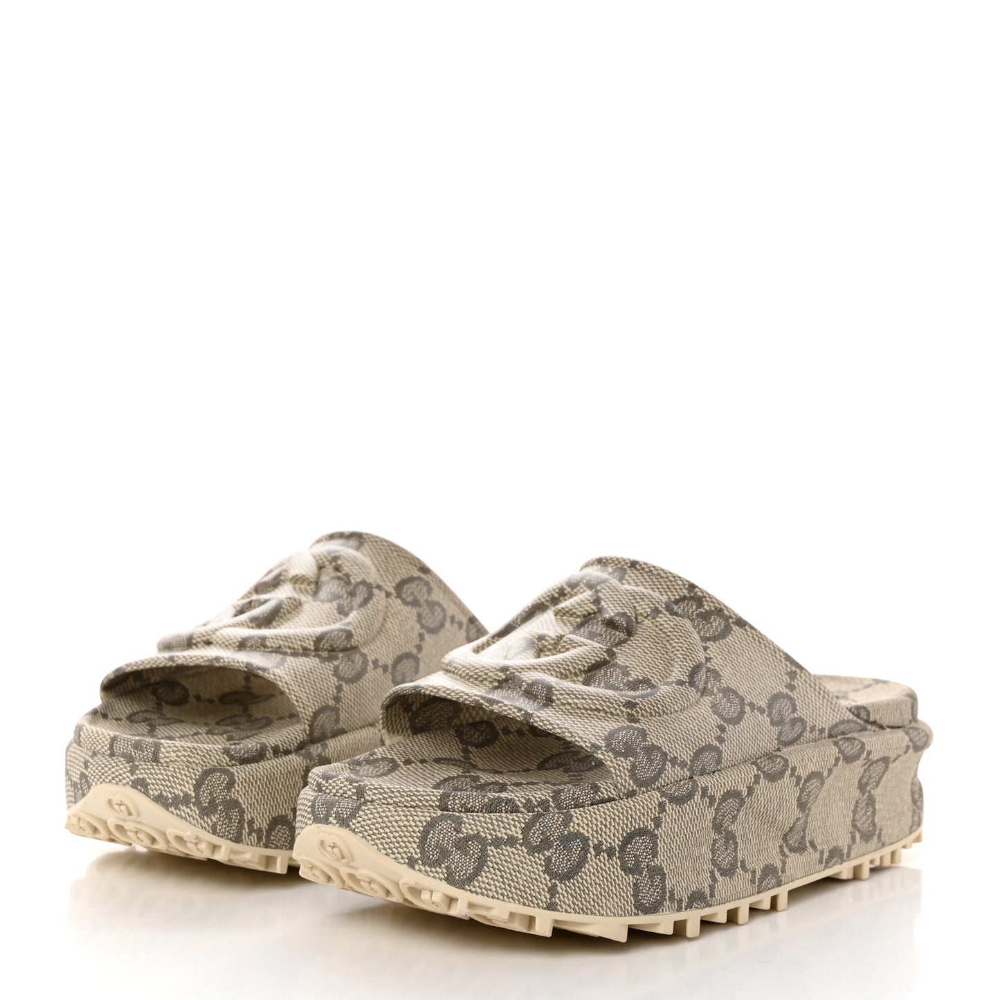 Cubic Rubber GG Monogram Womens Interlocking G Platform 42mm Slide Sandals 37 Beige Ebony