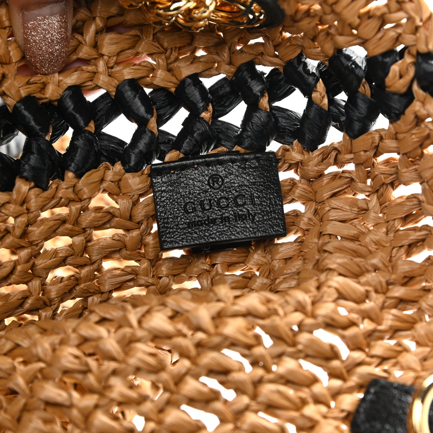 Raffia Effect Large GG Marmont Shoulder Tote Bag Natural Black