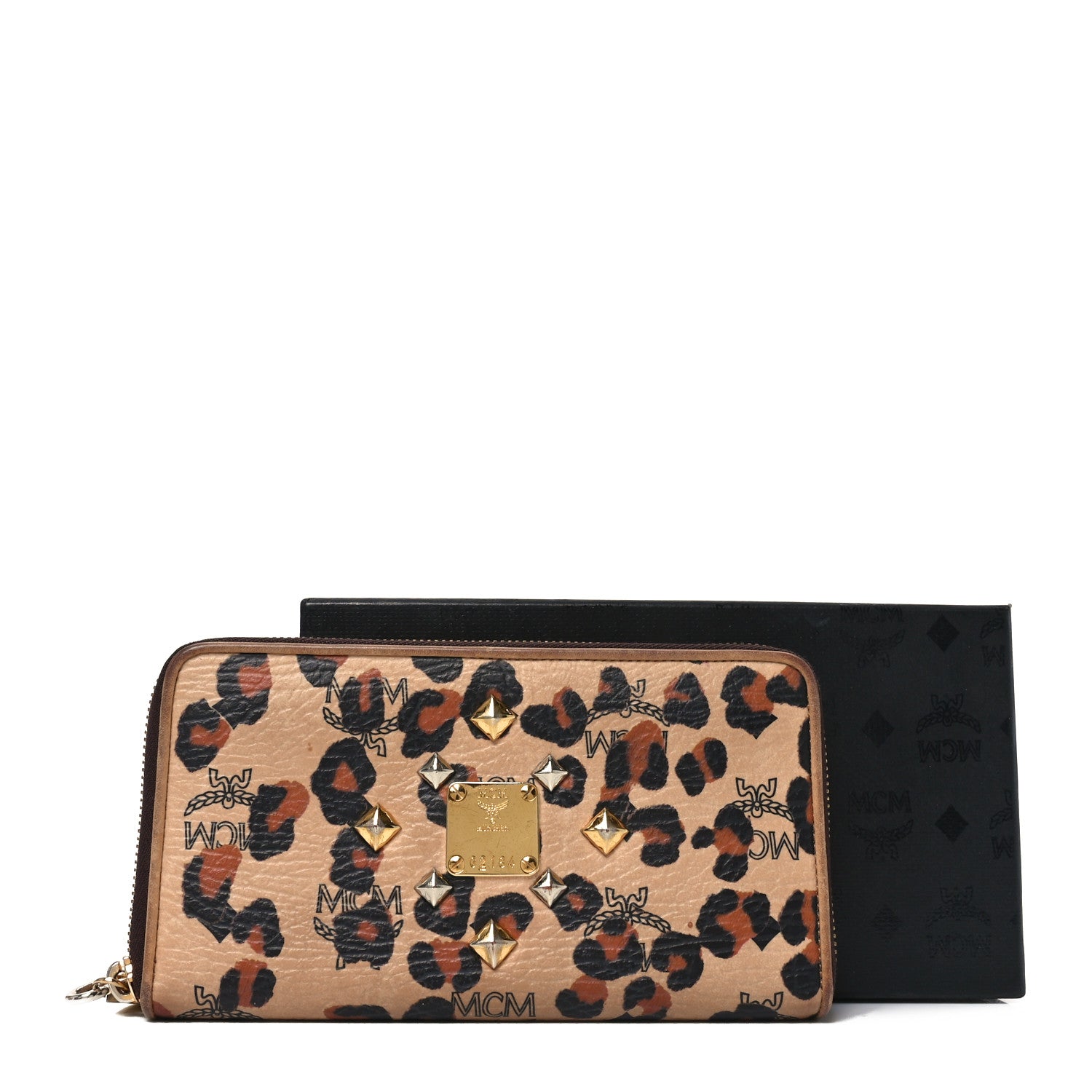 MCM Visetos Leopard Print Zip Around Wallet Beige 1791045