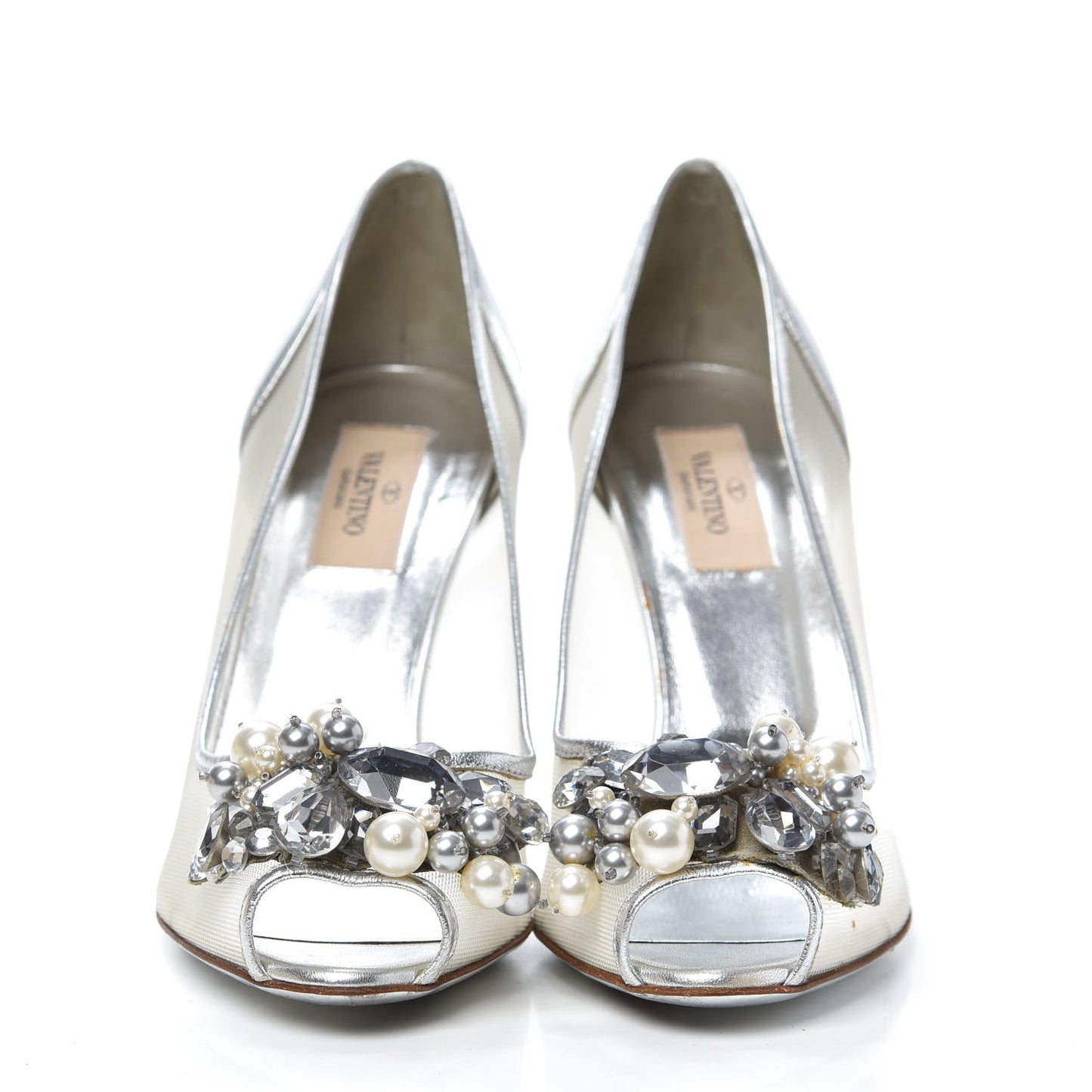 Metallic Nappa Mesh Crystal Pearl Peep Toe Pumps 37 Silver