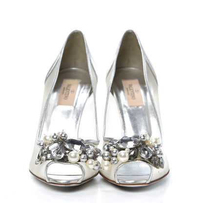 Valentino Garavani Metallic Nappa Mesh Crystal Pearl Peep Toe Pumps 37 Silver 2 of 7