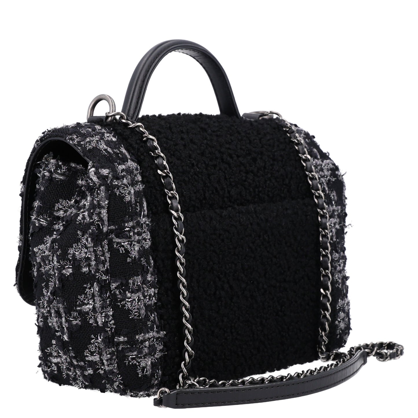 Shearling Tweed Medium Handle Boy Flap Black Grey