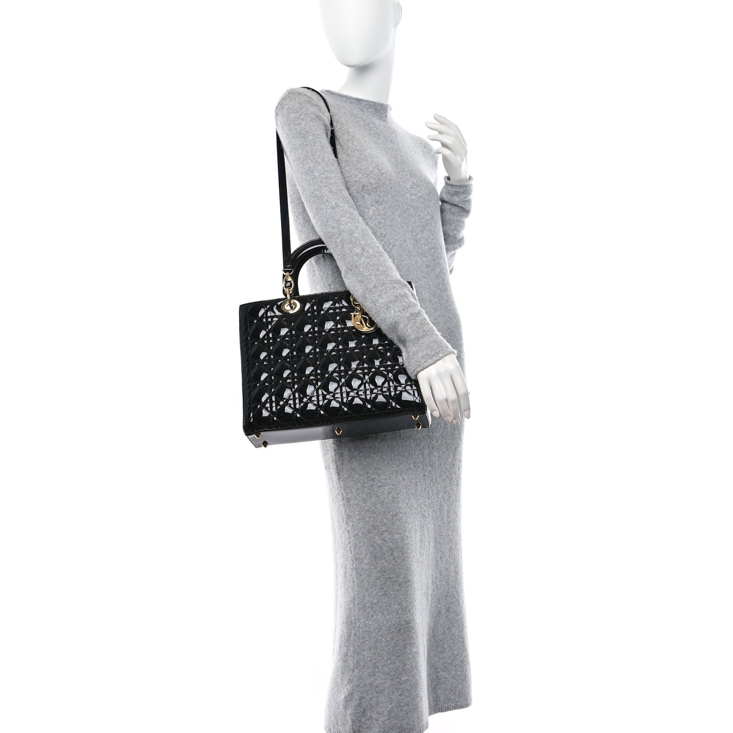 CHRISTIAN DIOR Patent Cannage Large Lady Dior Black