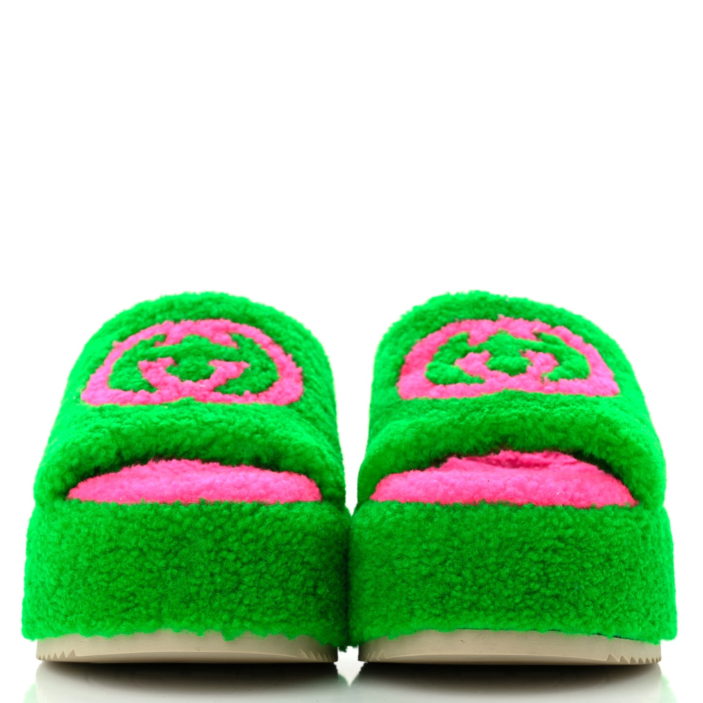 Shearling Interlocking G Womens Elea Platform Slide Wedge Sandals 38 Green Fluo Fuxia Fluo