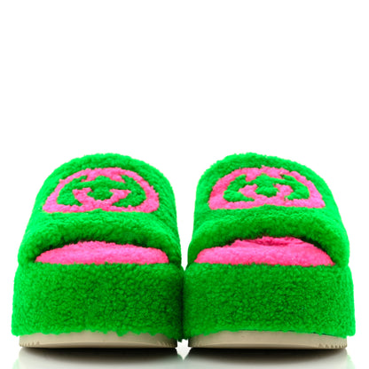 Gucci Shearling Interlocking G Womens Elea Platform Slide Wedge Sandals 38 Green Fluo Fuxia Fluo 2 of 9