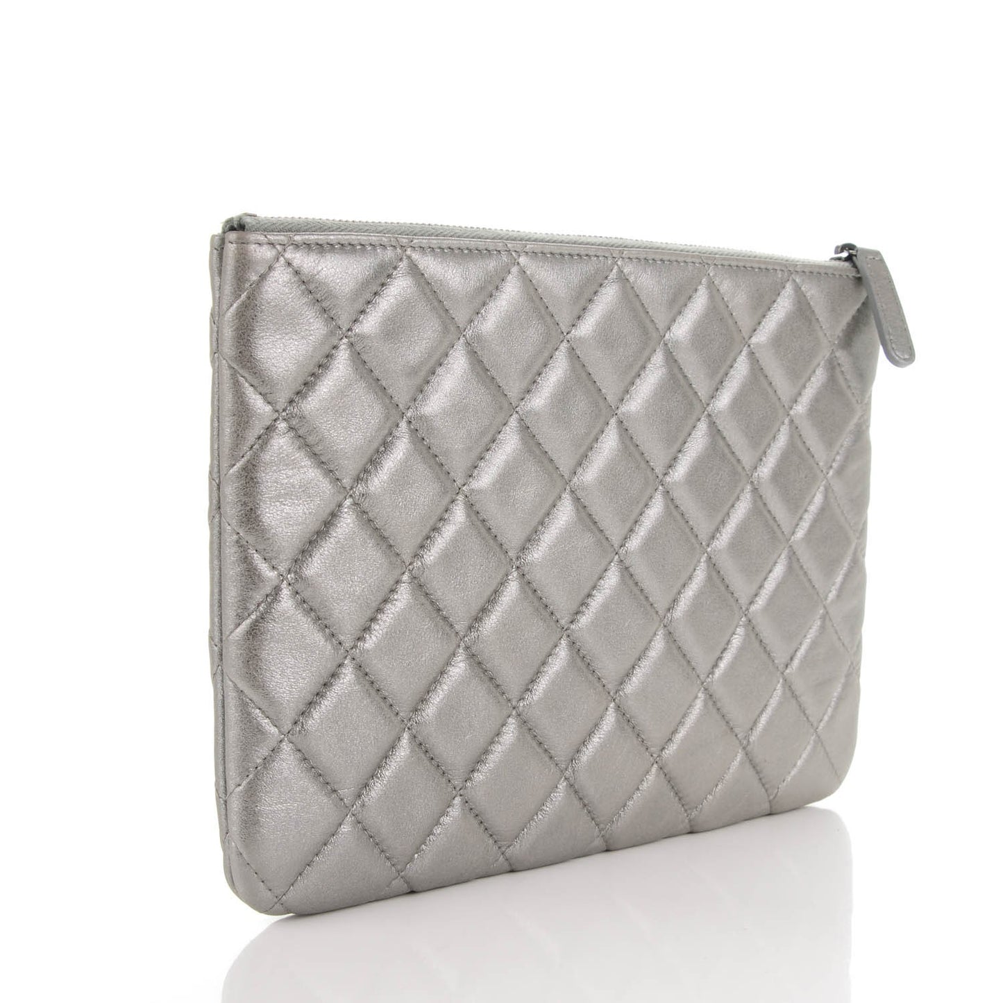 Metallic Lambskin Quilted Medium Cosmetic Case Silver